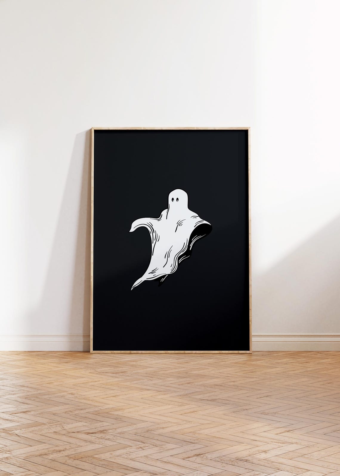 Cute Friendly Ghost Hand Drawn Cream On Black Halloween Night Poster - Image 2