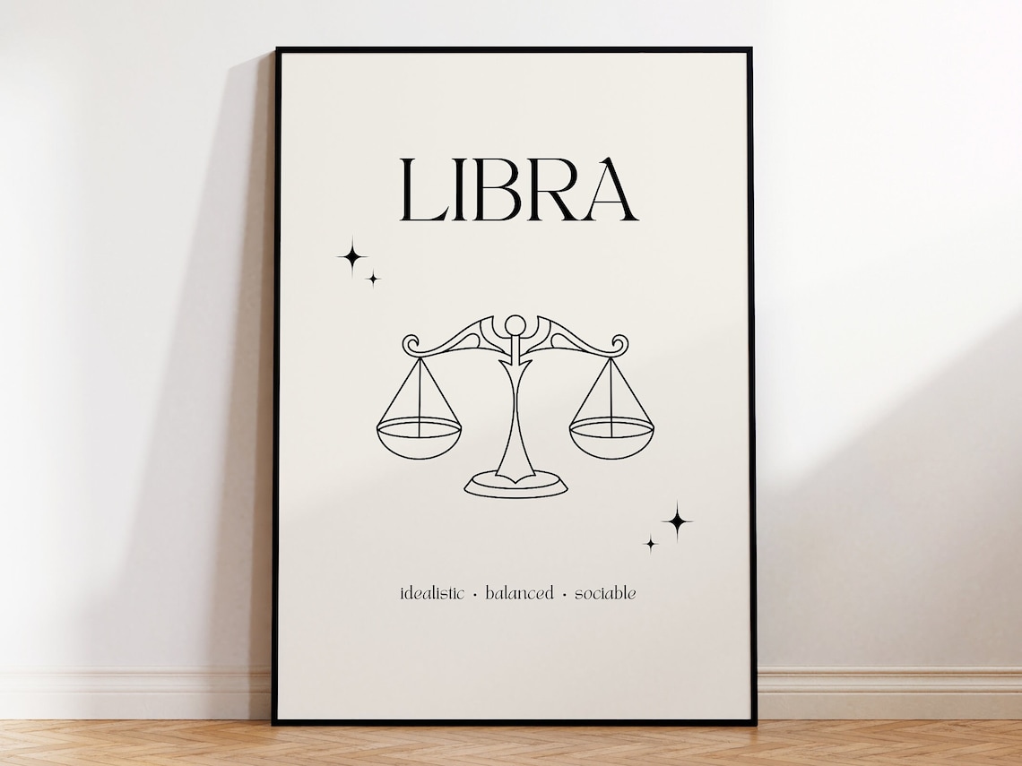 Libra Zodiac Sign Minimalist Scales Line Art Cream Star Poster