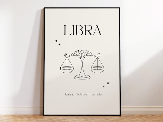 Libra Zodiac Sign Minimalist Scales Line Art Cream Star Poster