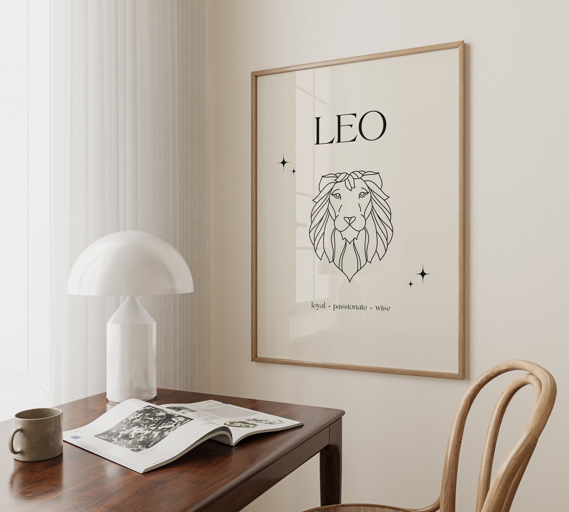 Leo Zodiac Sign Minimalist Lion Line Art Cream Beige Star Poster - Image 4