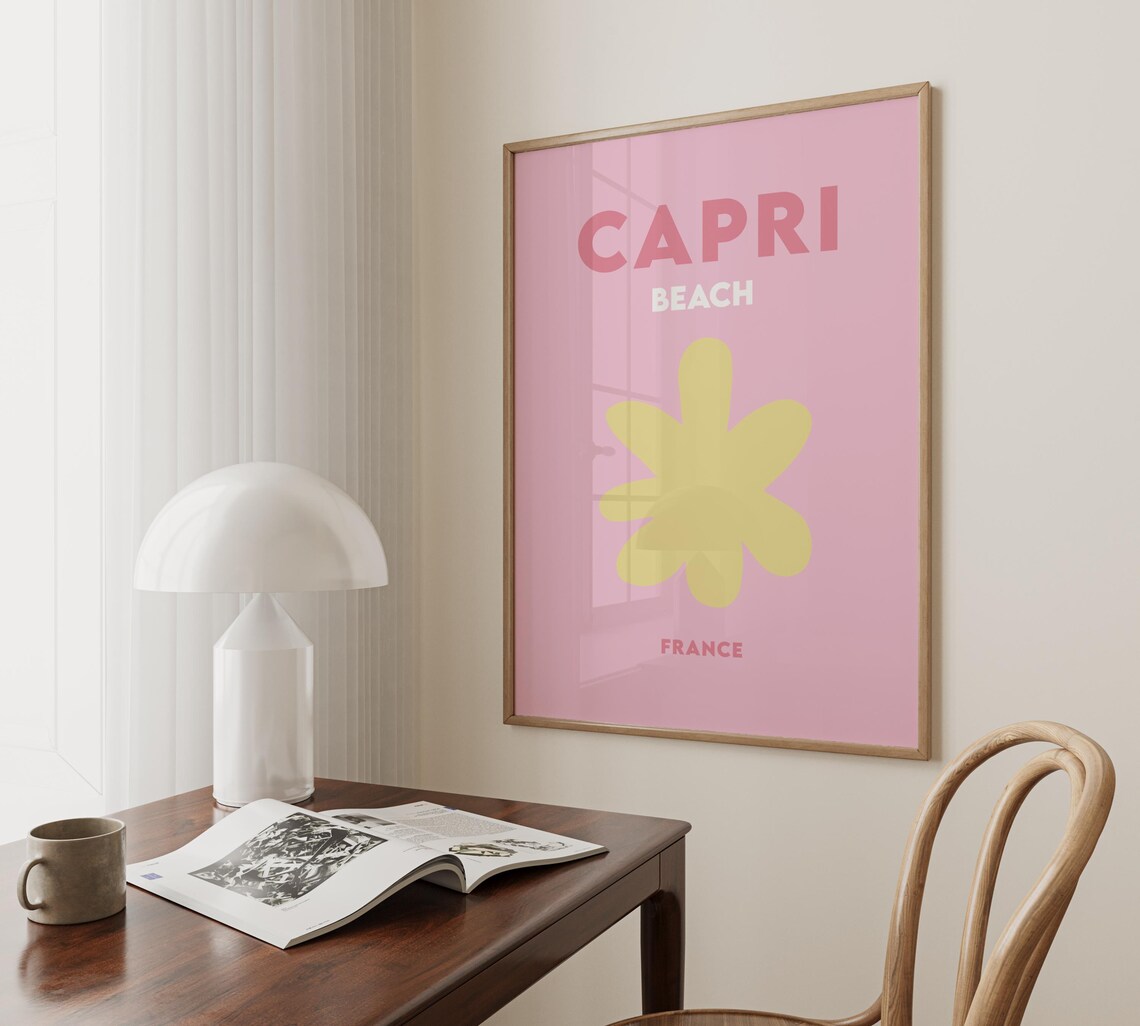 Capri Beach France Pink with Yellow Flower Minimalist Travel Poster - Image 2