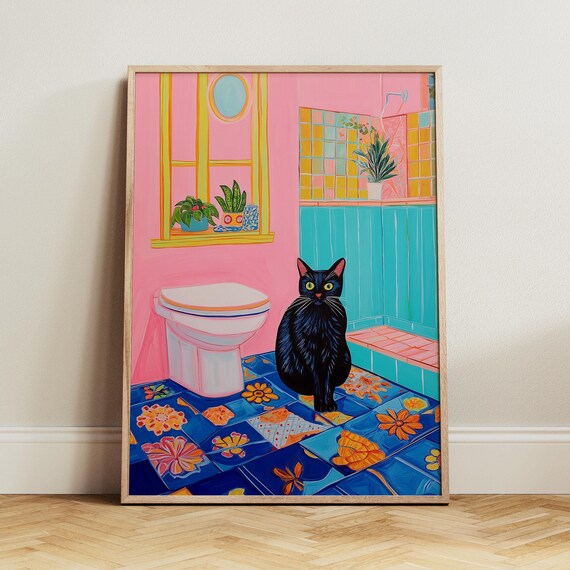 Black Cat Standing Beside a Toilet in Retro Pink Bathroom Poster