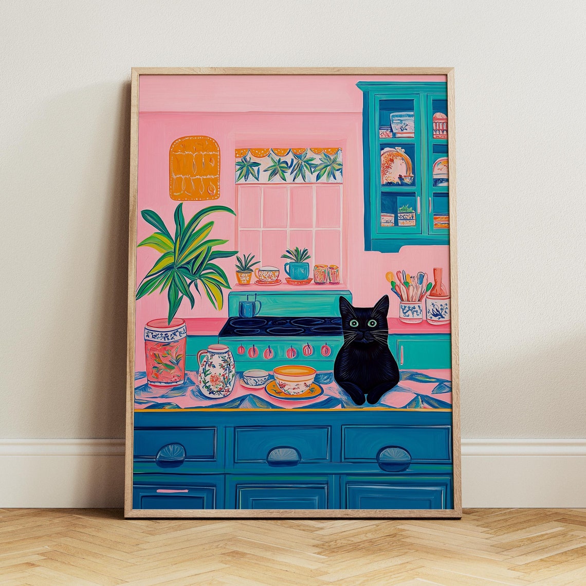 Black Cat Relaxing in a Cheerful Pink and Teal Kitchen Art Poster