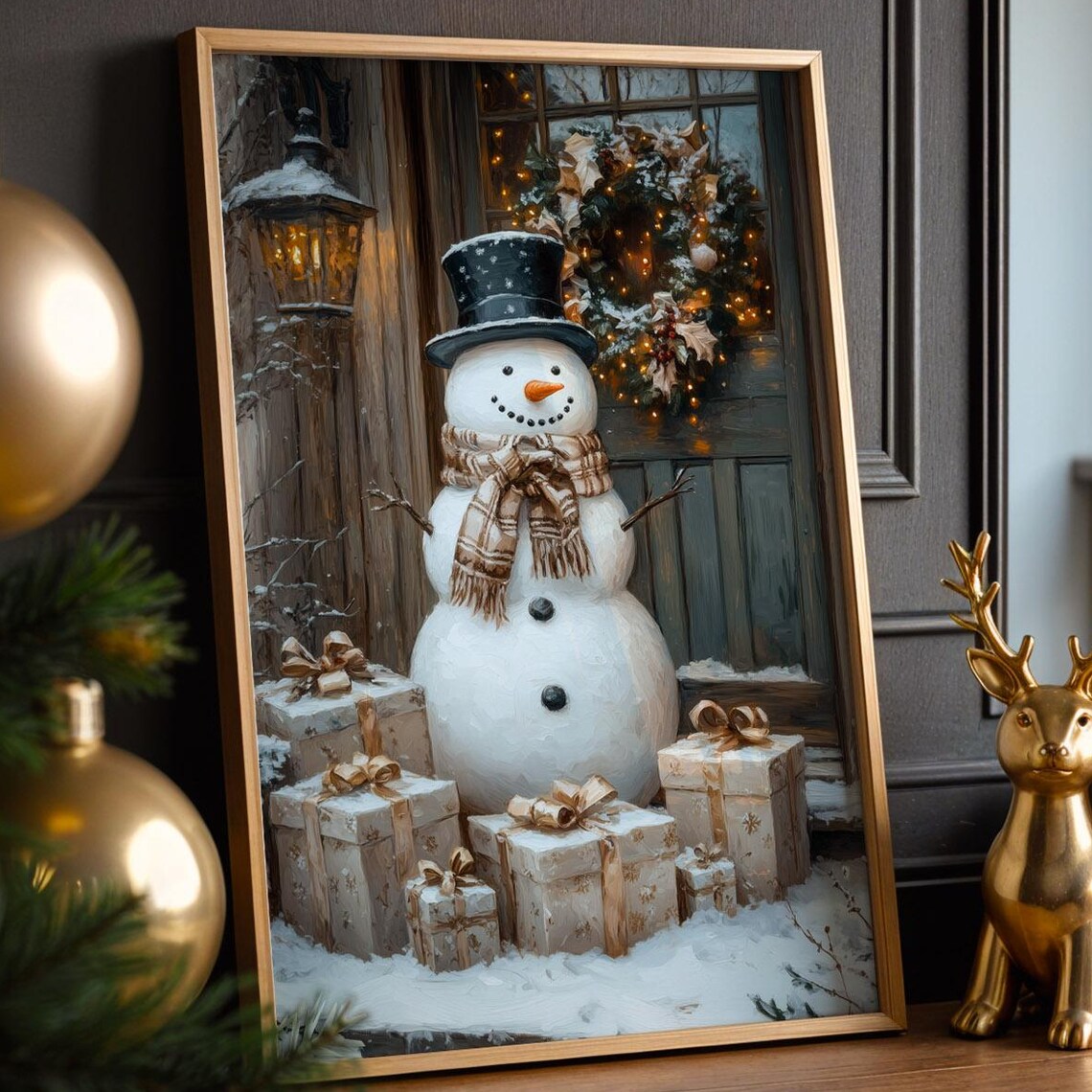 Snowman Christmas Wall Art, Rustic Door Scene Poster