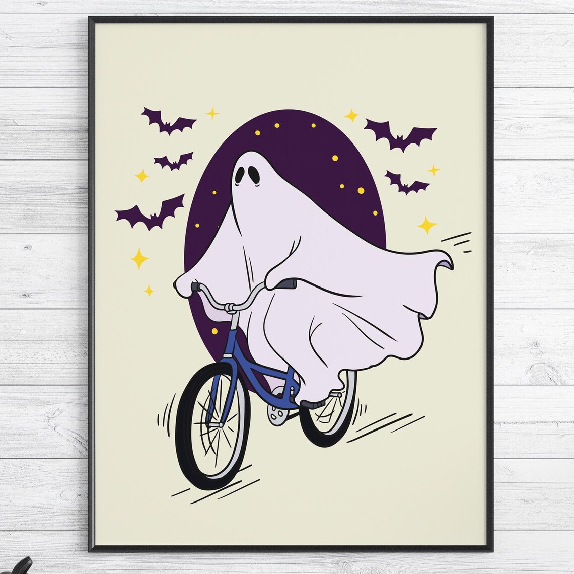 Cute Ghost Riding Bicycle Halloween Poster Spooky Bats Moon Night