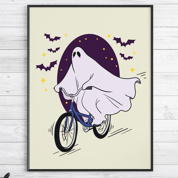 A On Bike Spooky Fun Poster Halloween Print For Home Decoration Autumn Children Fall Llustration