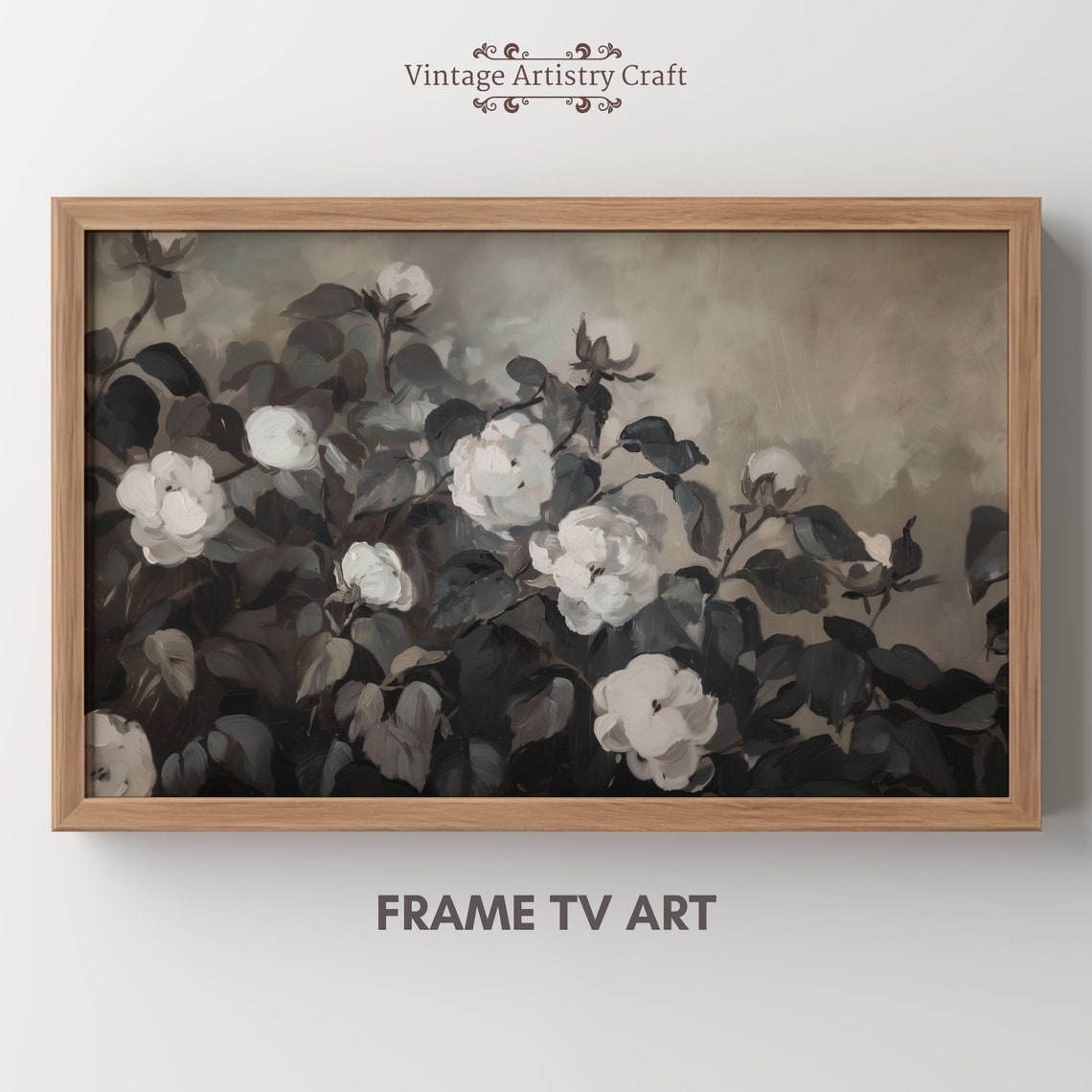 Moody White Blossoms Dark Botanical Oil Painting Elegant Floral Poster