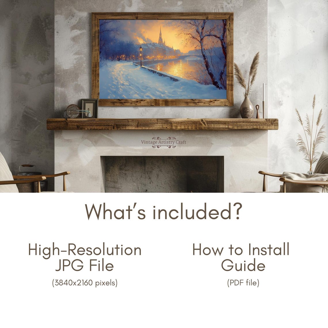 Snowy River Town Golden Sunset Glow Impressionist Winter Poster - Image 6