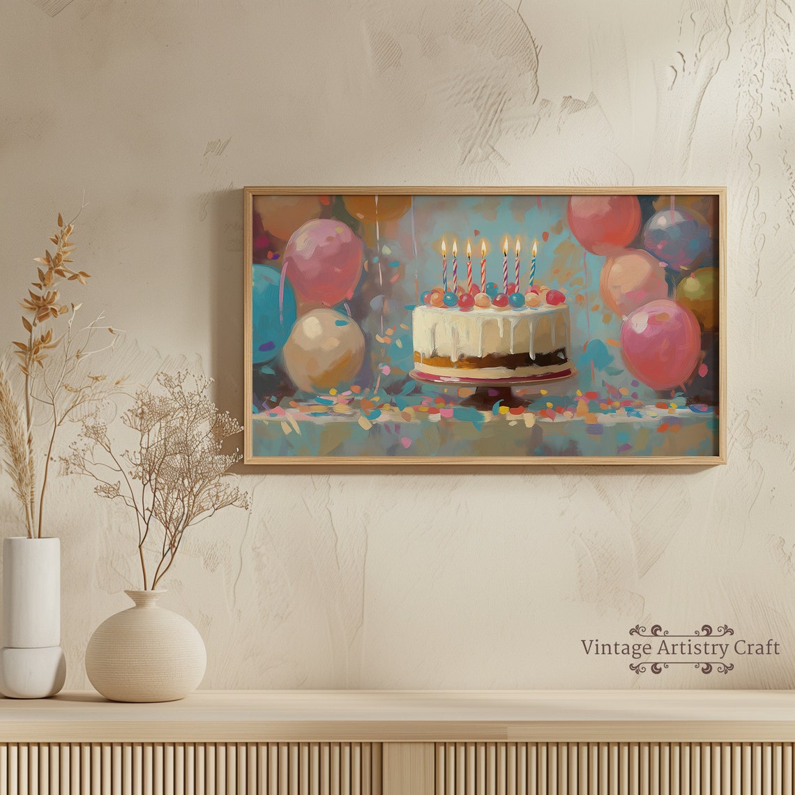 Colorful Birthday Cake Balloons Party Celebration Oil Painting Poster - Image 3