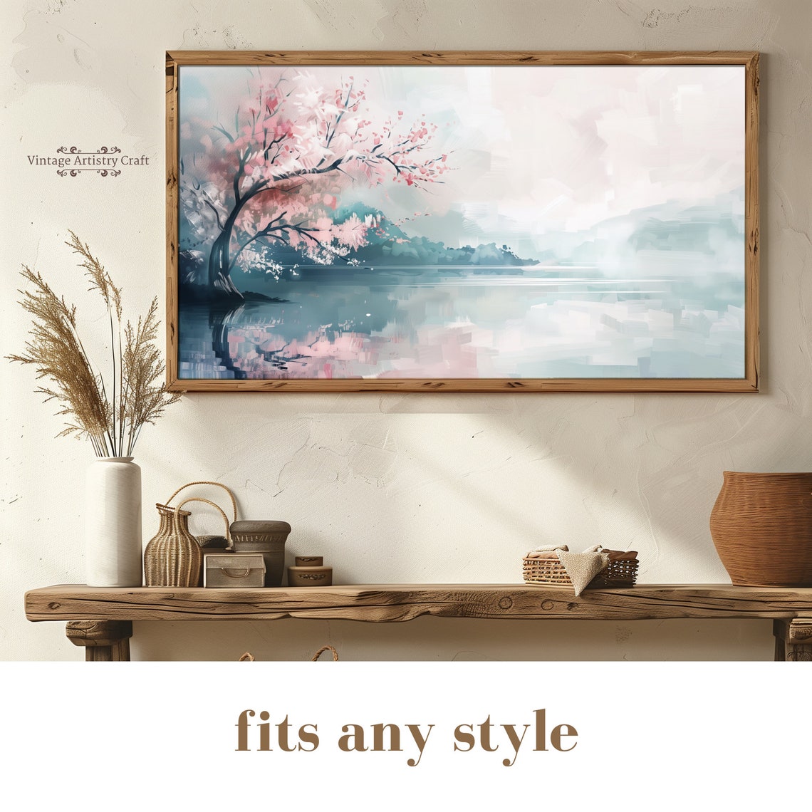 Cherry Blossom Tree Over Misty Lake Soft Pink Spring Painting Poster - Image 6