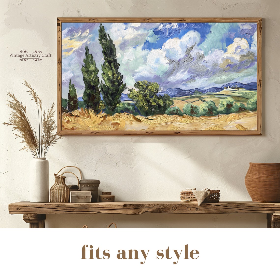 Cypress Trees Golden Wheat Field Van Gogh Style Swirling Sky Poster - Image 5