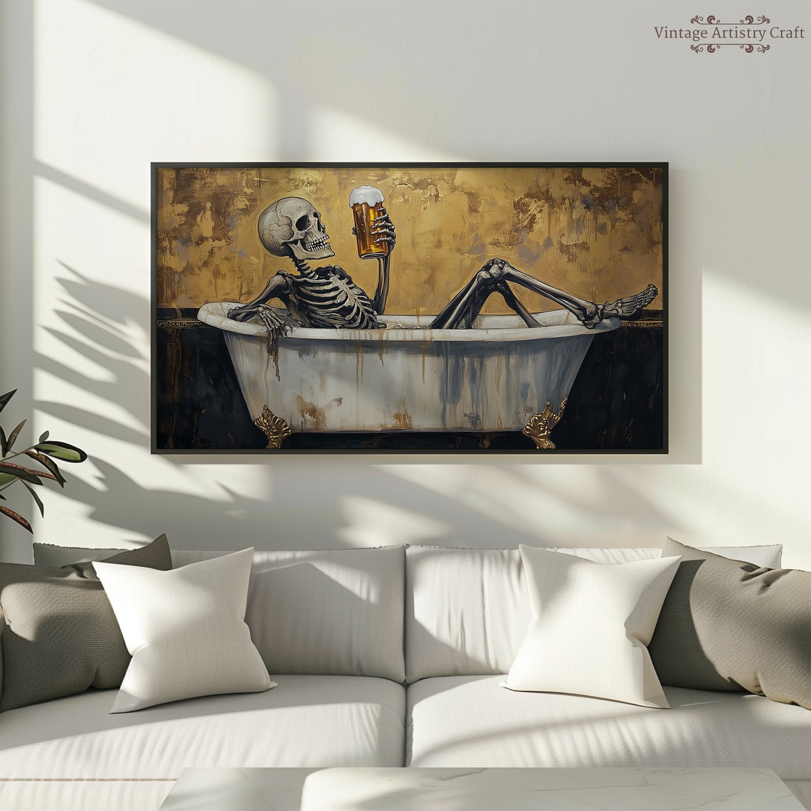 Funny Skeleton Bathtub Beer Gold Gothic Halloween Painting Poster - Image 2