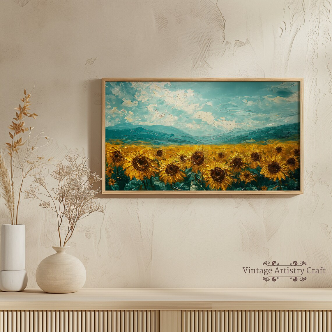 Golden Sunflower Field Teal Mountains Impasto Oil Painting Poster - Image 7