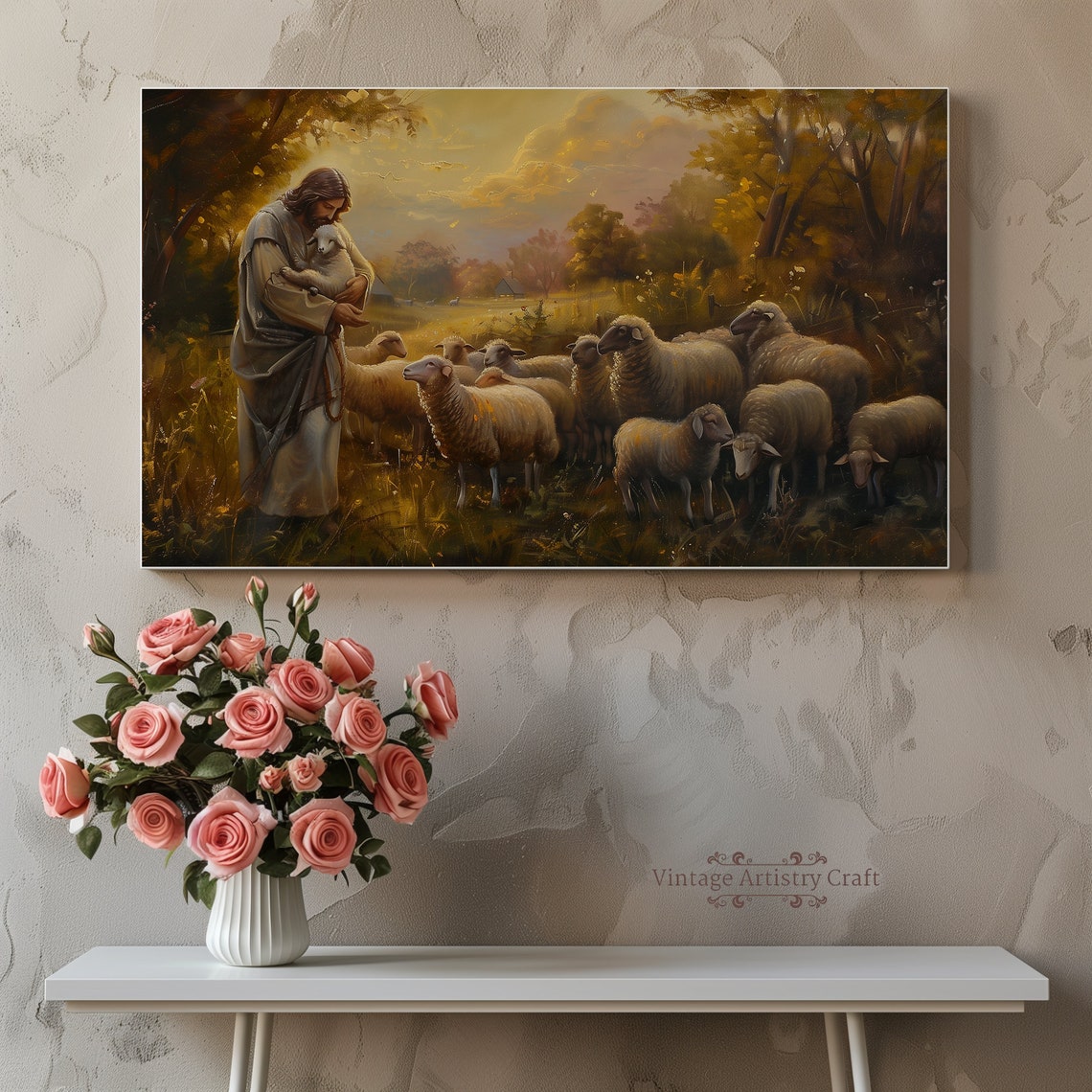 Jesus The Good Shepherd Holding Lamb In Golden Sunset Poster - Image 8