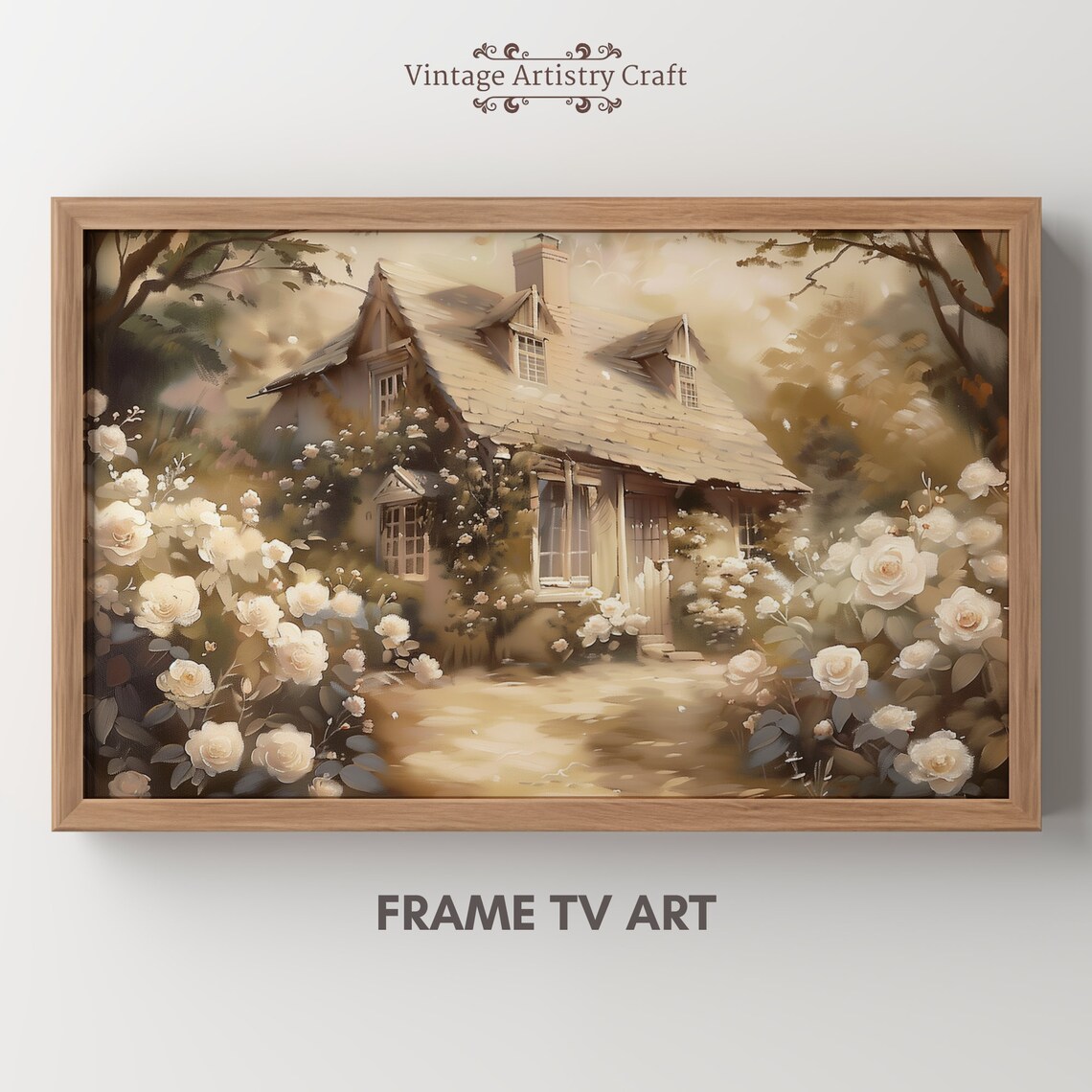 Storybook Cottage Covered in White Roses Vintage Garden Painting Poster