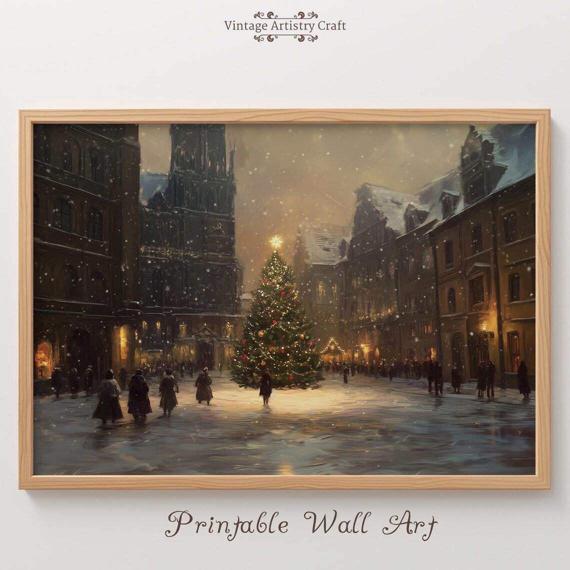 Christmas Tree Winter Street Town Vintage Art Print
