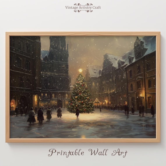Christmas Tree Winter Street Town Vintage Art Print