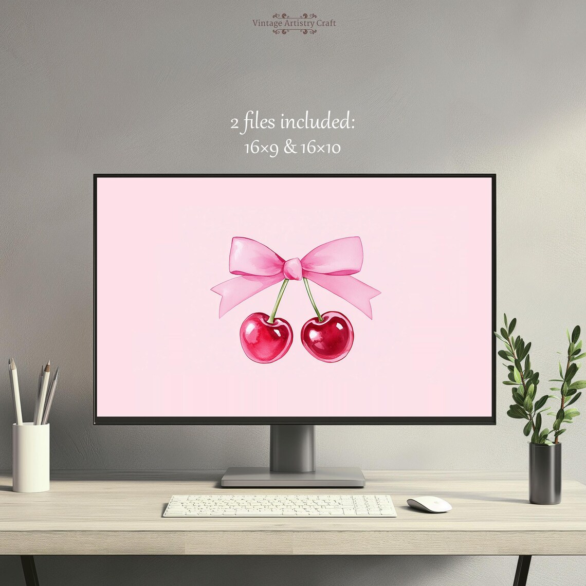 Cherry Bow Pink Romantic Sweet Coquette Watercolor Wallpaper Poster
