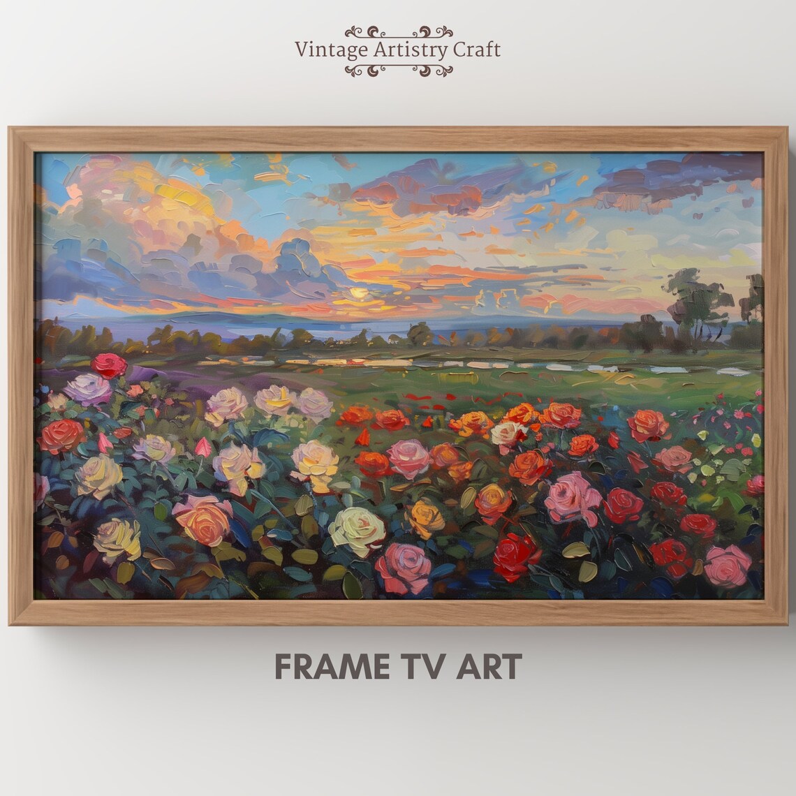 Rose Garden at Sunset Vibrant Oil Painting Romantic Floral Poster