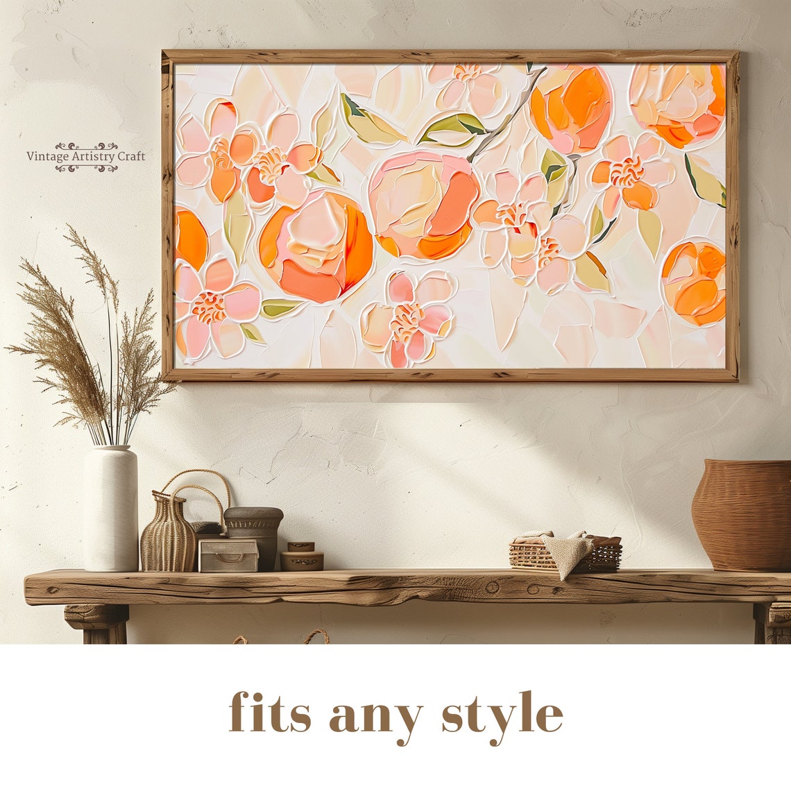 Textured Peach Blossom Impasto Orange Citrus Floral Canvas Poster - Image 5