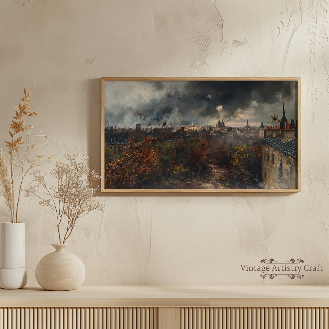 Muted European Rooftops Storm Clouds Vintage Cityscape Oil Poster - Image 4