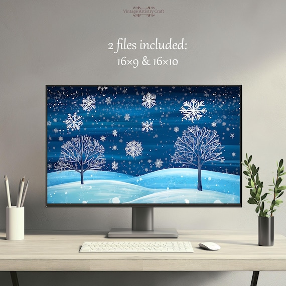 Snowy Winter Night Blue Snowflakes Starry Trees Desktop Art Poster