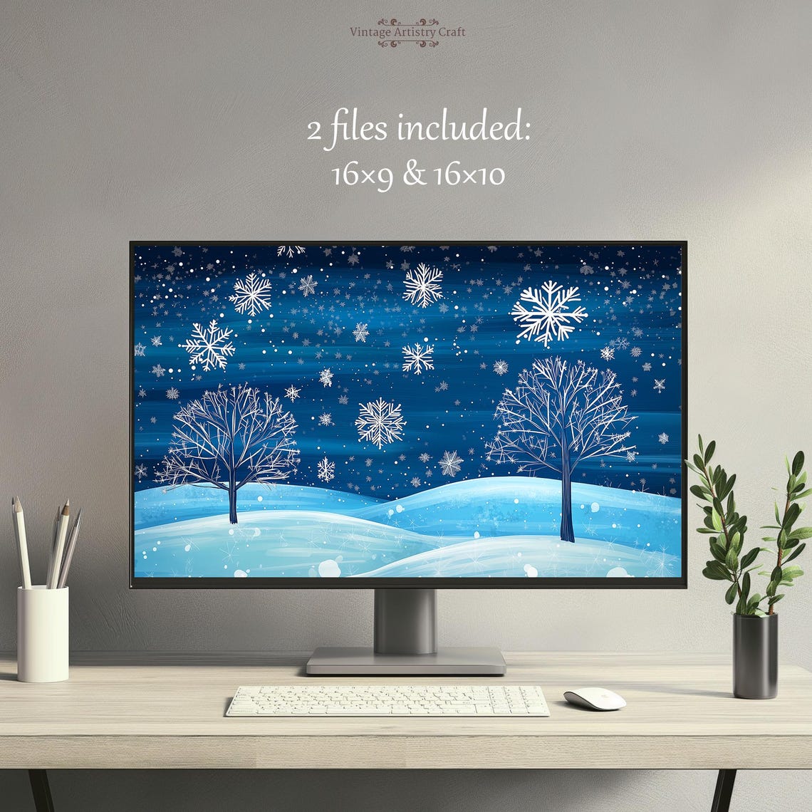 Snowy Winter Night Blue Snowflakes Starry Trees Desktop Art Poster