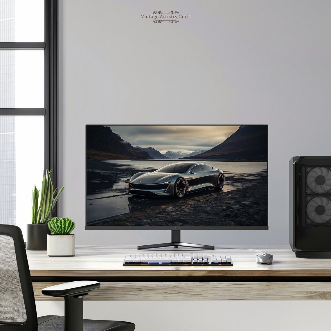 Silver Futuristic Sports Car Mountain Lake Desktop Wallpaper Print - Image 4