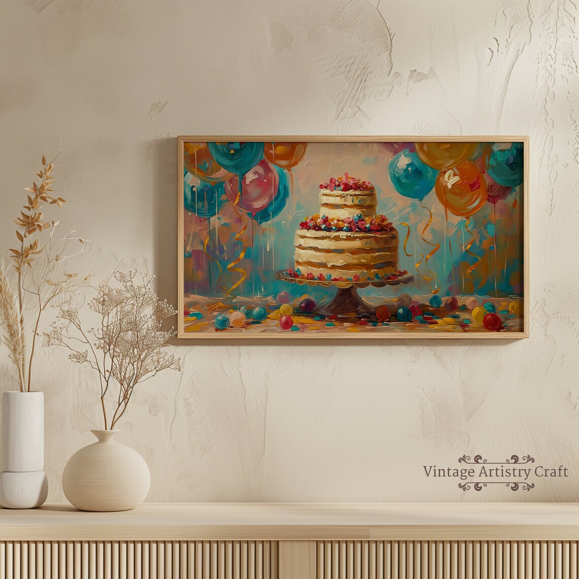 Colorful Birthday Cake With Balloons Festive Painting Poster - Image 4