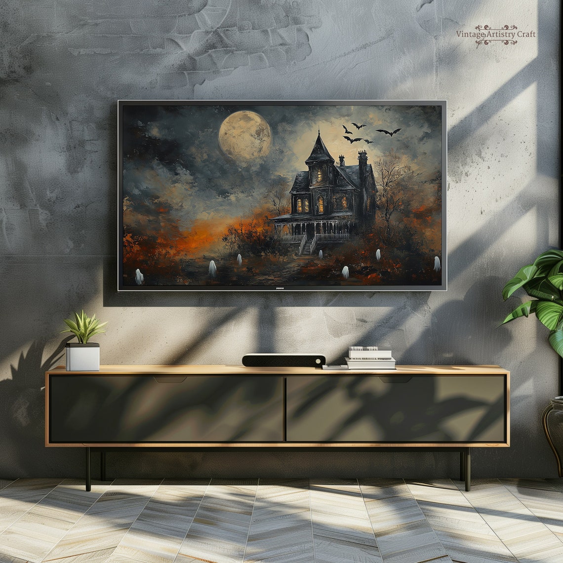 Haunted House Under Full Moon Ghosts And Bats Halloween Poster - Image 4
