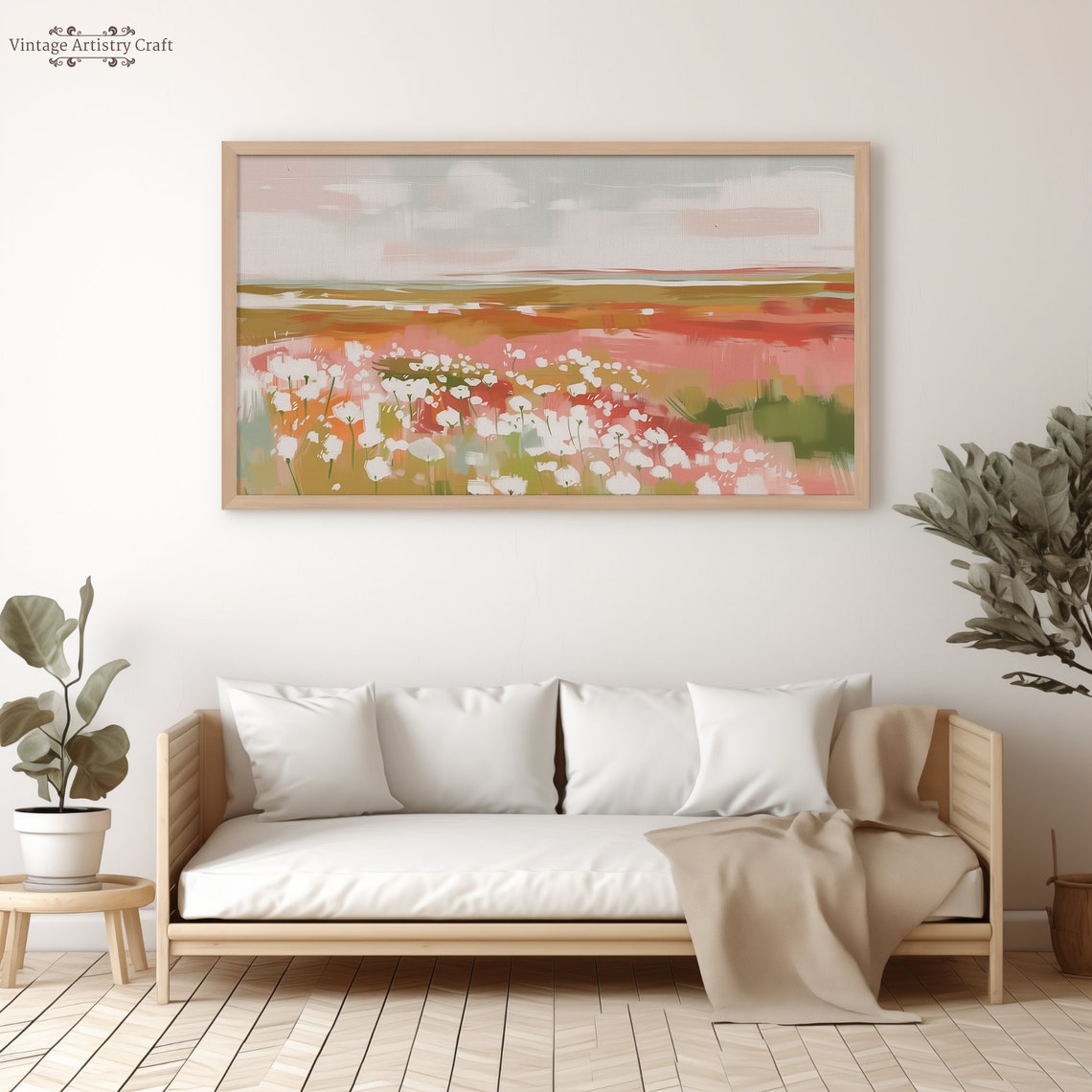 Pink Wildflower Meadow Abstract Textured Spring Landscape Wall Art - Image 3