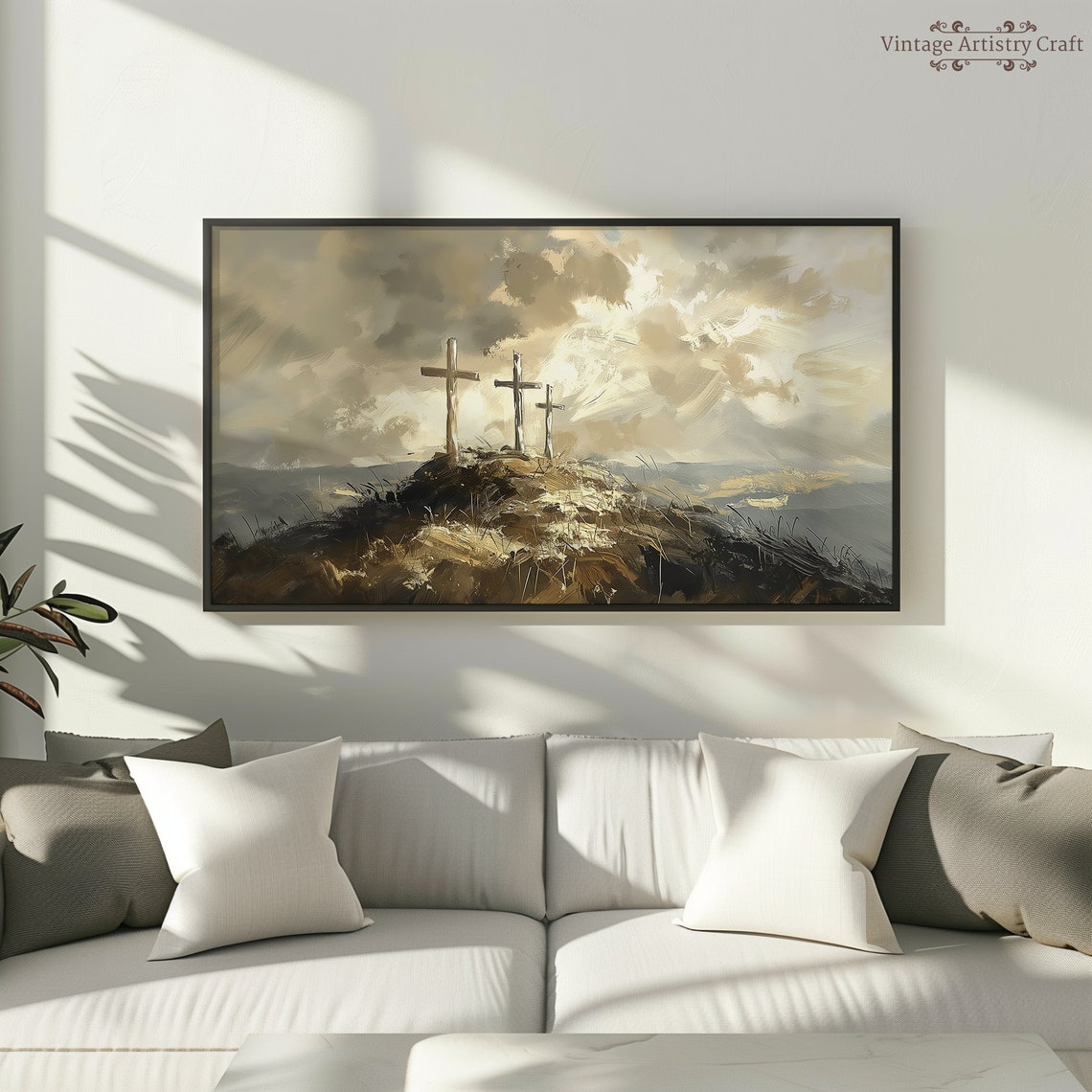 Three Crosses on the Hill Easter He Is Risen Christian Oil Poster - Image 5