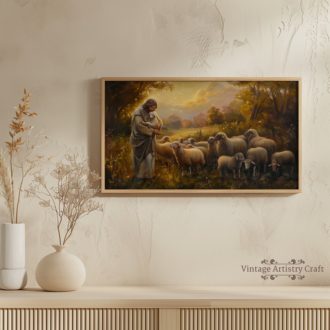 Jesus The Good Shepherd Holding Lamb In Golden Sunset Poster - Image 6