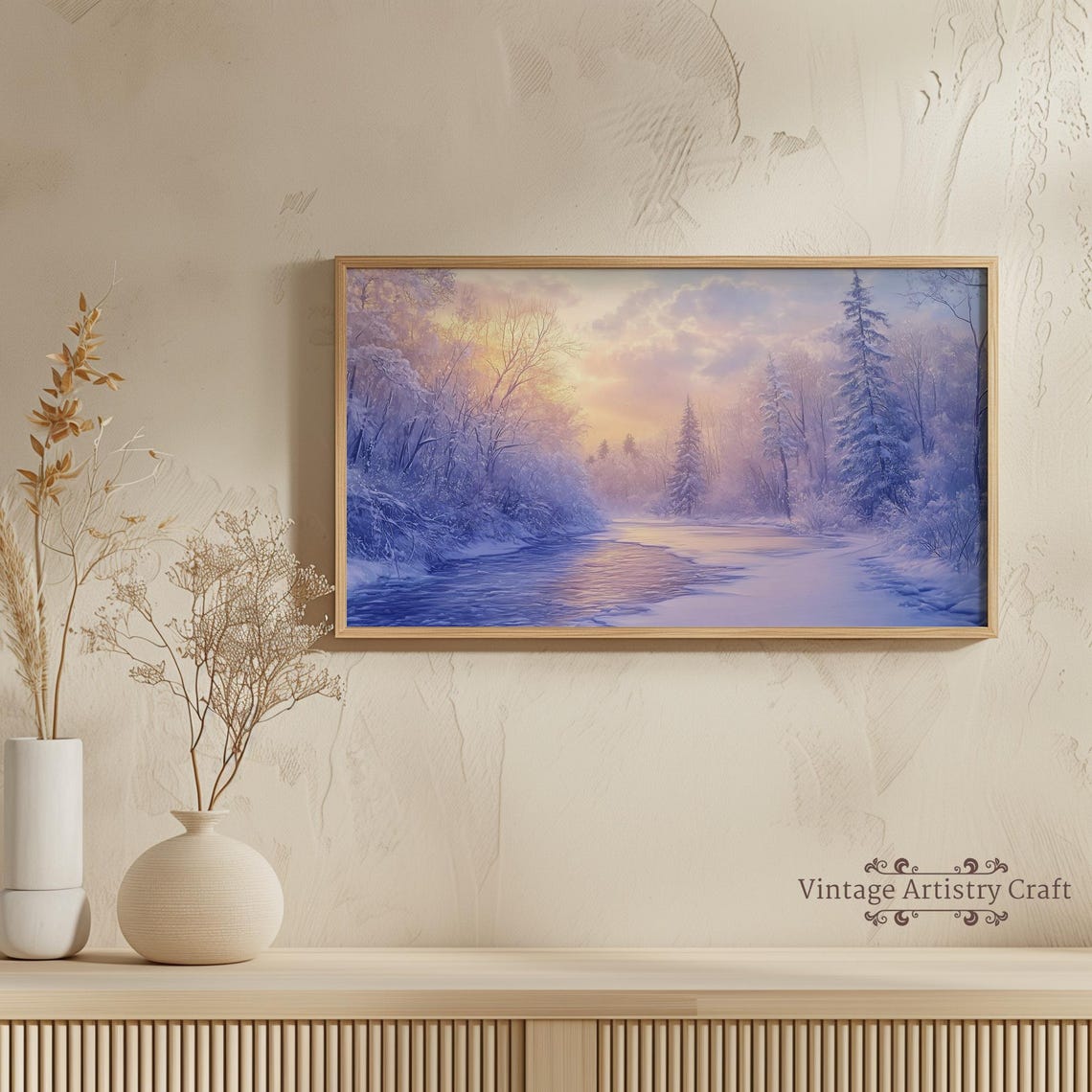 Pastel Purple Winter River Sunrise Snowy Pines Landscape Poster - Image 2