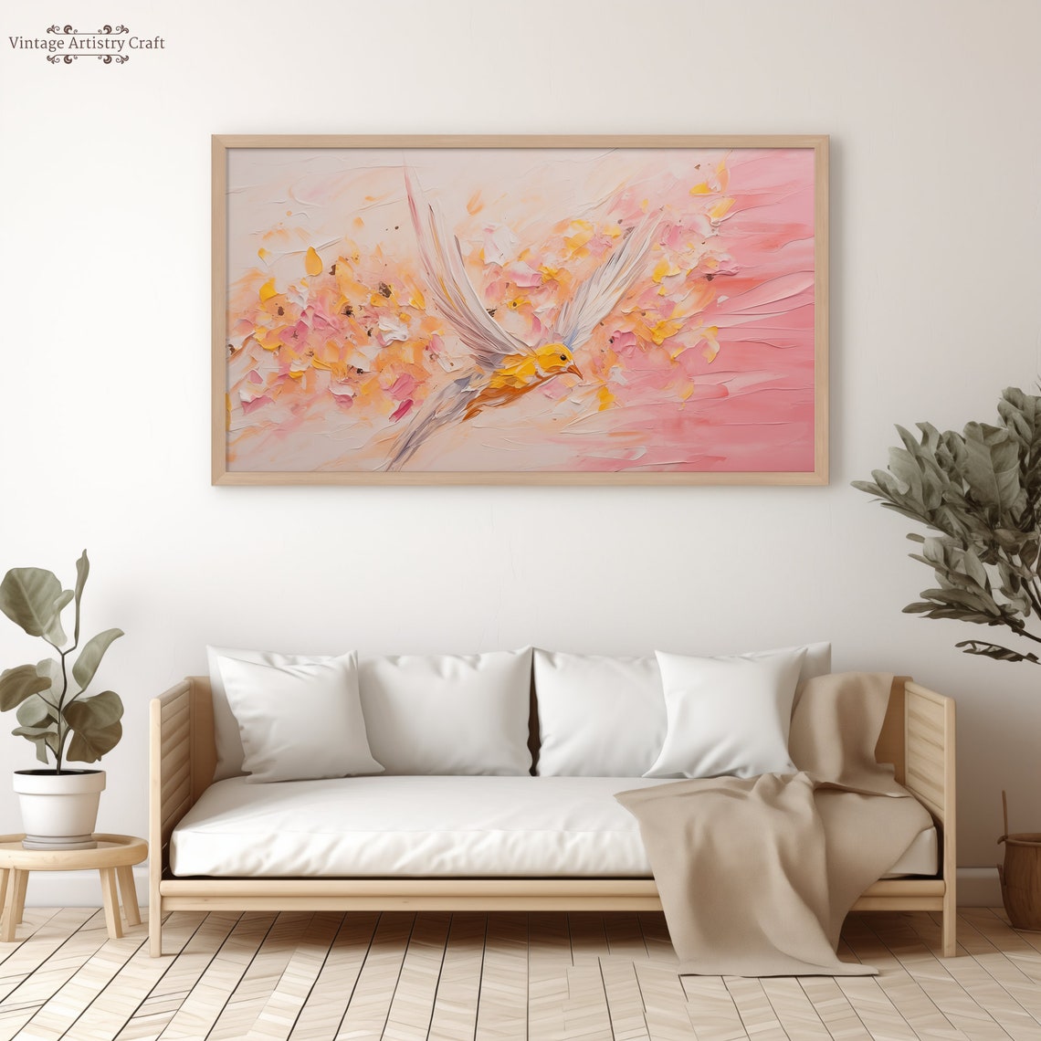 Golden Bird in Flight Pink Blossom Abstract Impasto Art Poster - Image 6