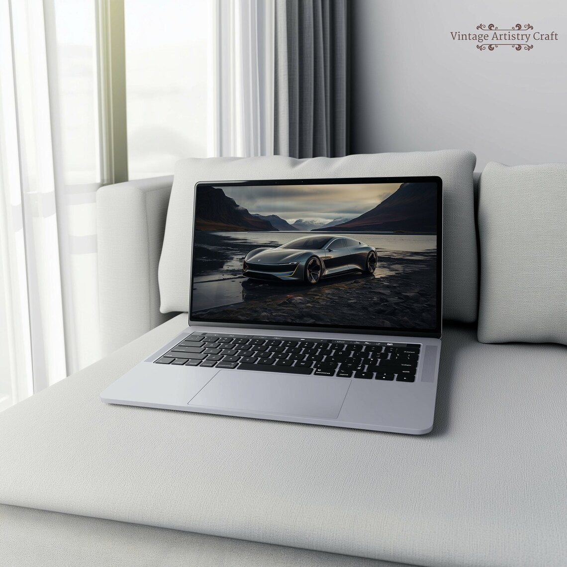 Silver Futuristic Sports Car Mountain Lake Desktop Wallpaper Print - Image 8