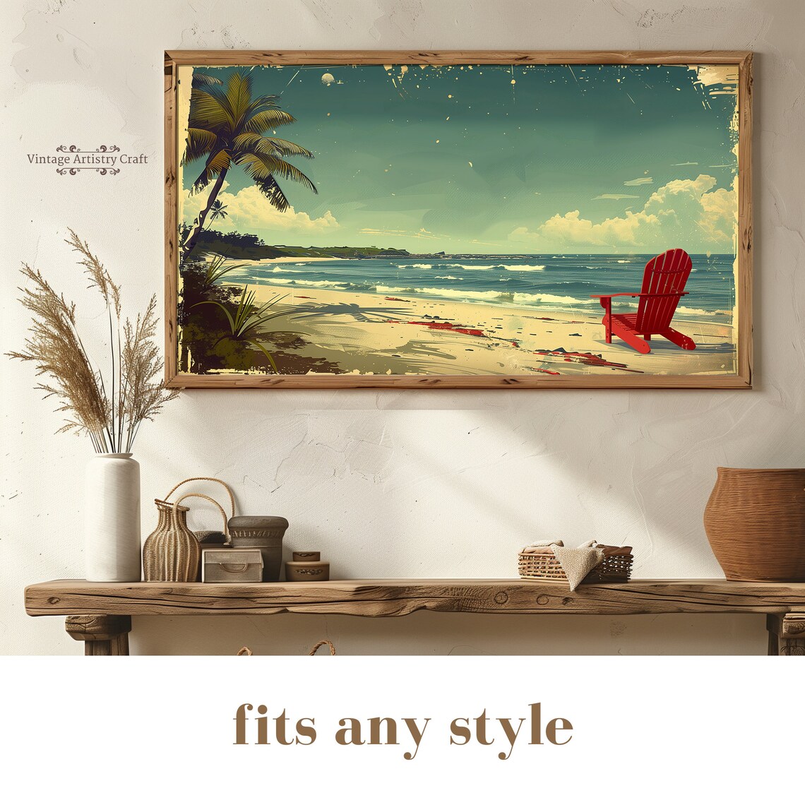 Vintage Beach Palms Red Beach Chair Retro Ocean Scene Poster - Image 4