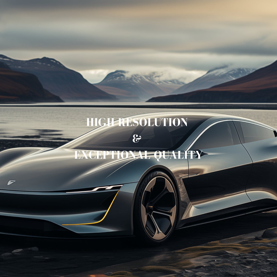 Silver Futuristic Sports Car Mountain Lake Desktop Wallpaper Print - Image 6