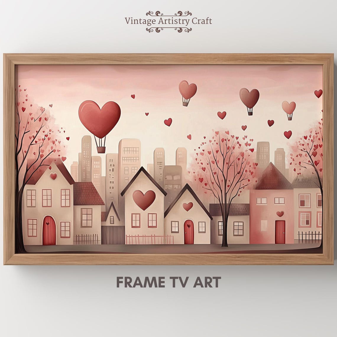 Heart Hot Air Balloons Pink Cityscape Romantic Valentines Poster