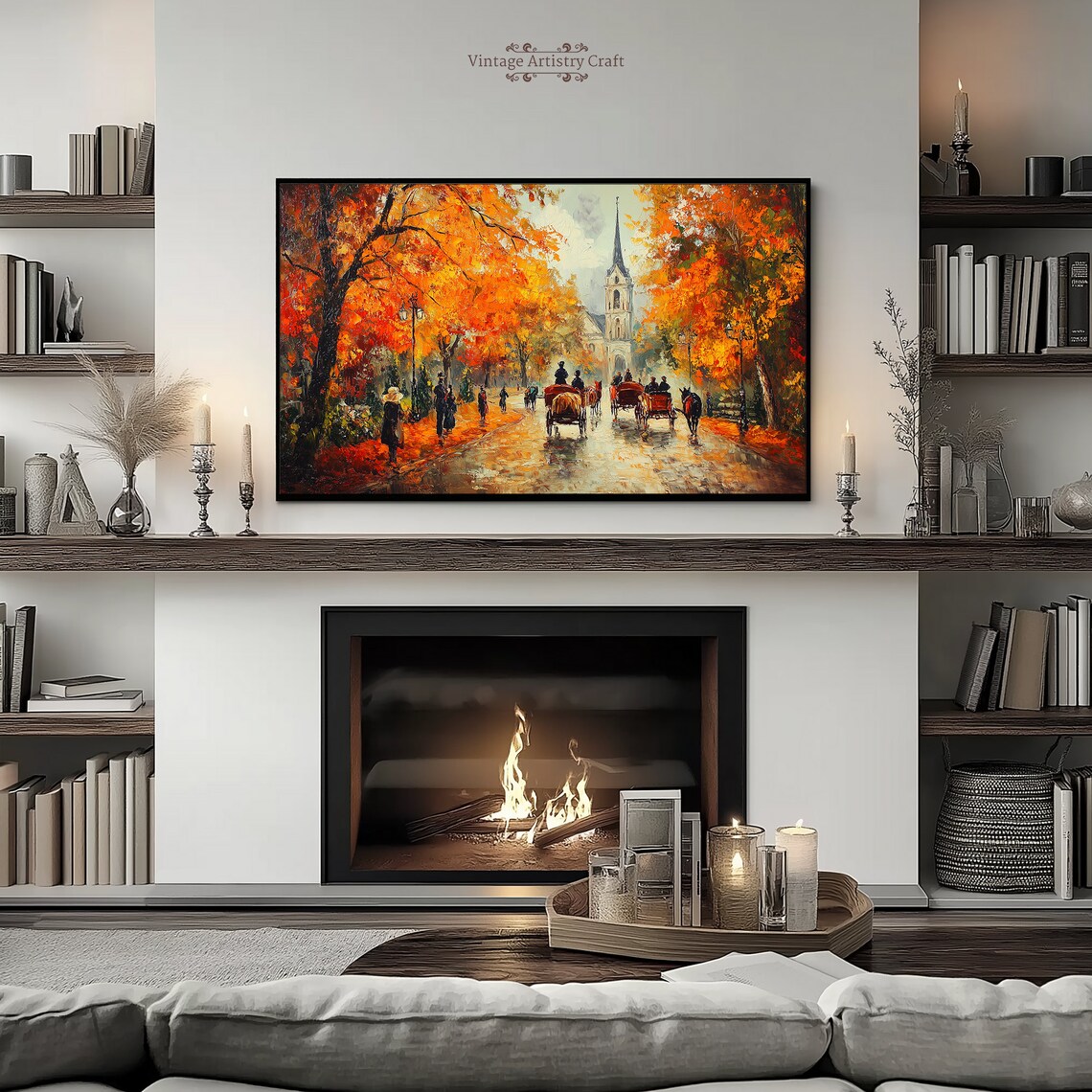 Textured Autumn Horse Carriage Vintage Oil Art Print - Image 4