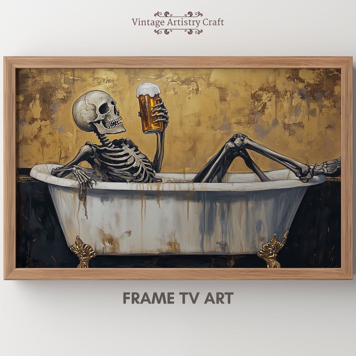 Funny Skeleton Bathtub Beer Gold Gothic Halloween Painting Poster