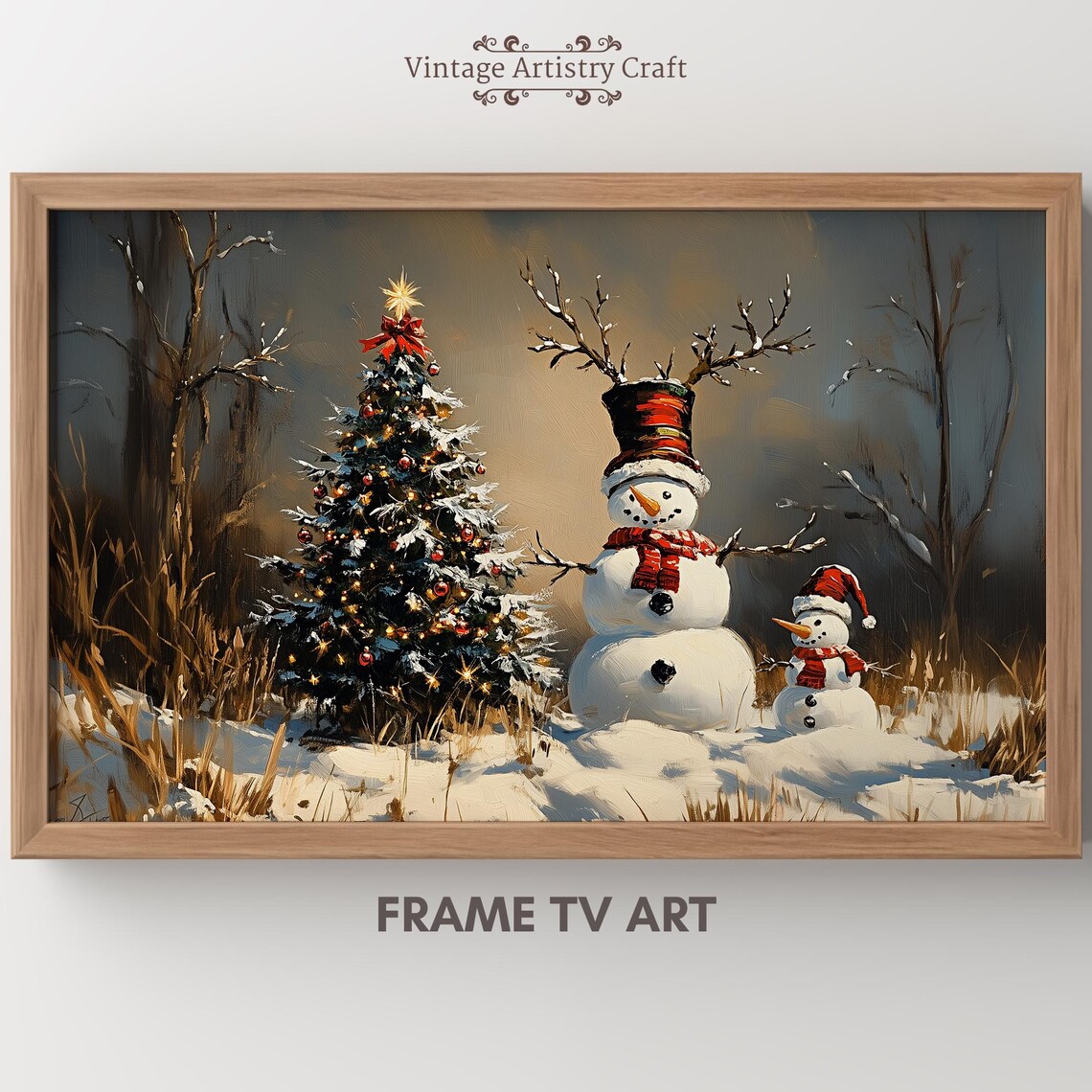 Snowman Couple Beside Decorated Christmas Tree Snowy Meadow Winter Wall Art