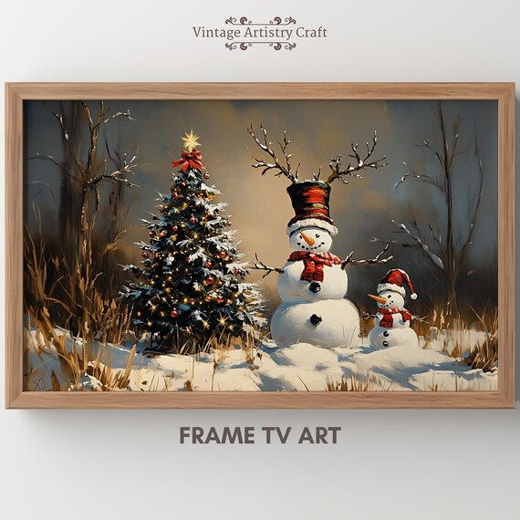 Snowman Couple Beside Decorated Christmas Tree Snowy Meadow Winter Wall Art