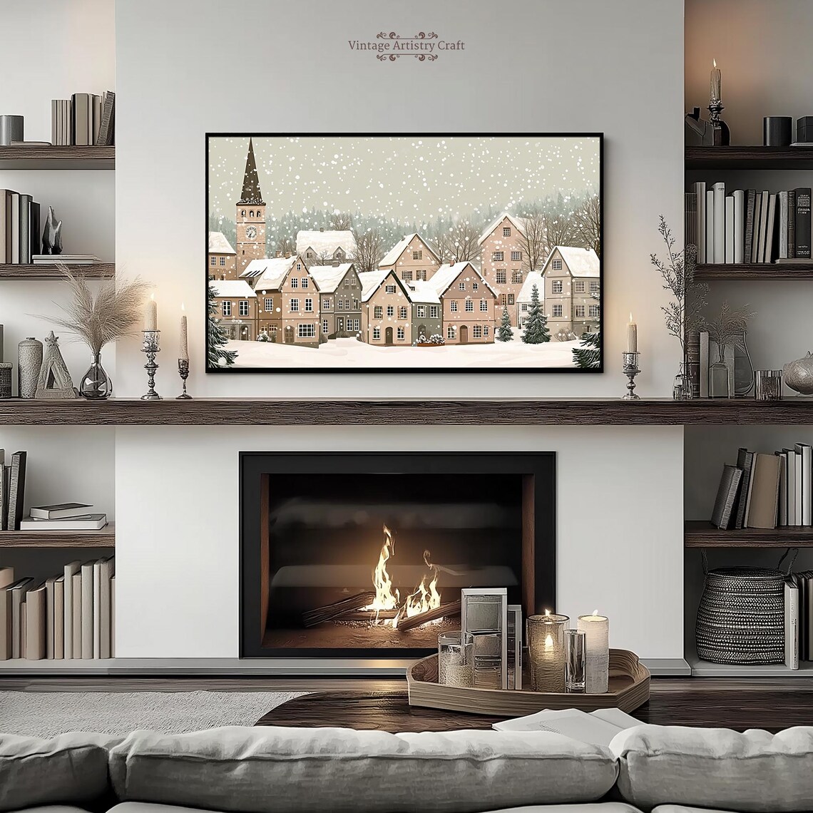 Snowy Village Church Tower Falling Snow Cozy Winter Scene Poster - Image 3