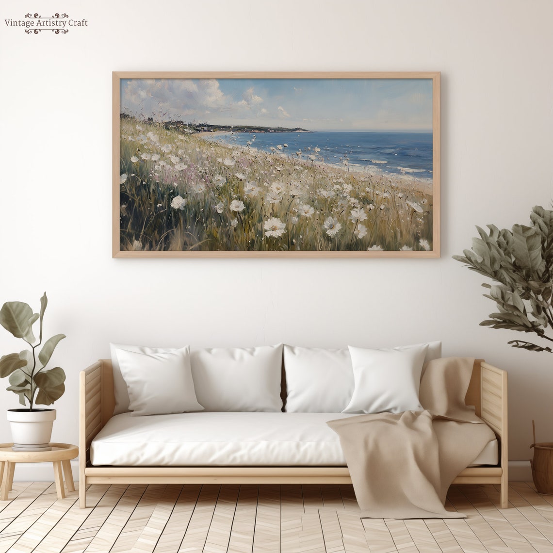 White Daisy Meadow By The Sea Summer Coastal Landscape Poster - Image 4