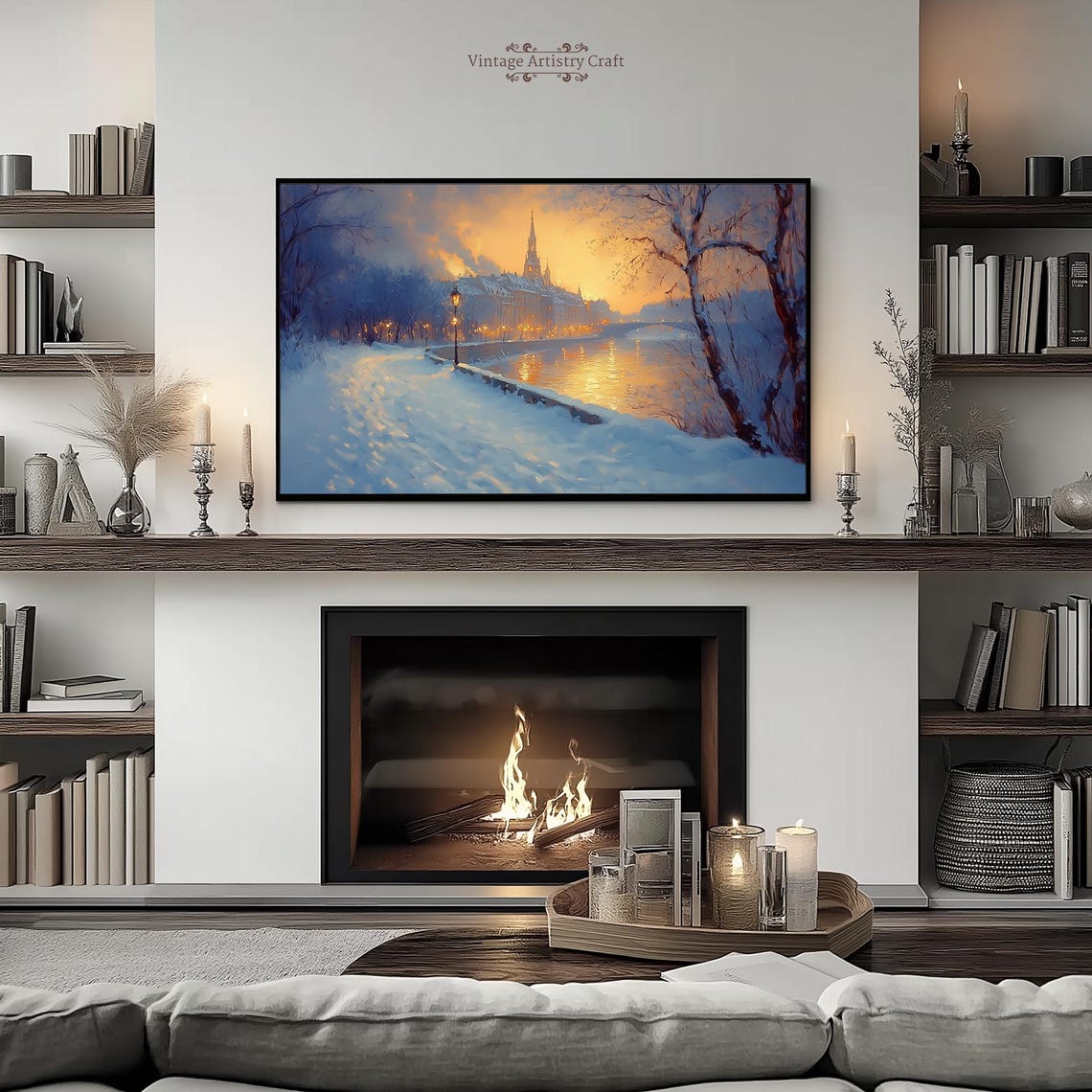 Snowy River Town Golden Sunset Glow Impressionist Winter Poster - Image 4