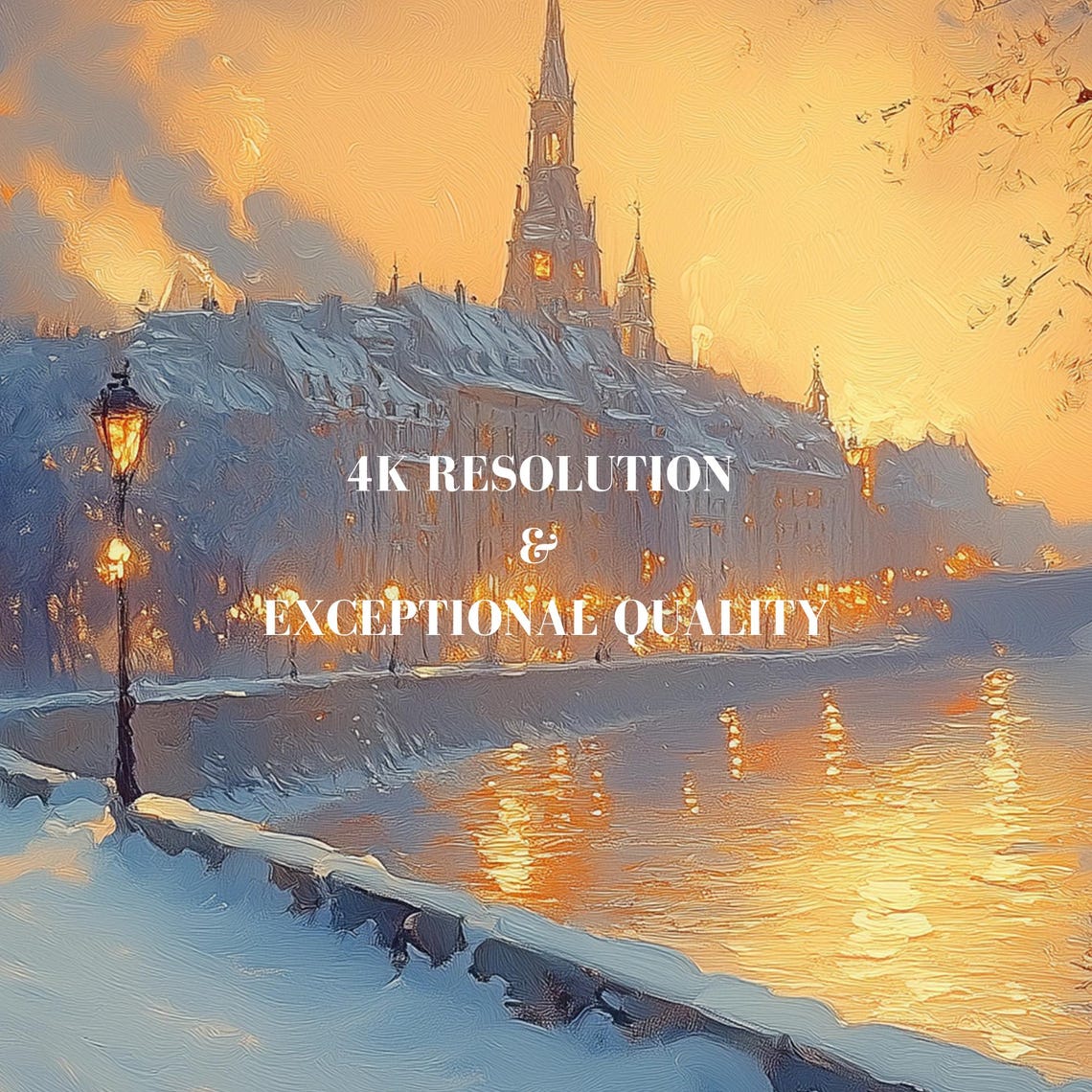Snowy River Town Golden Sunset Glow Impressionist Winter Poster - Image 7