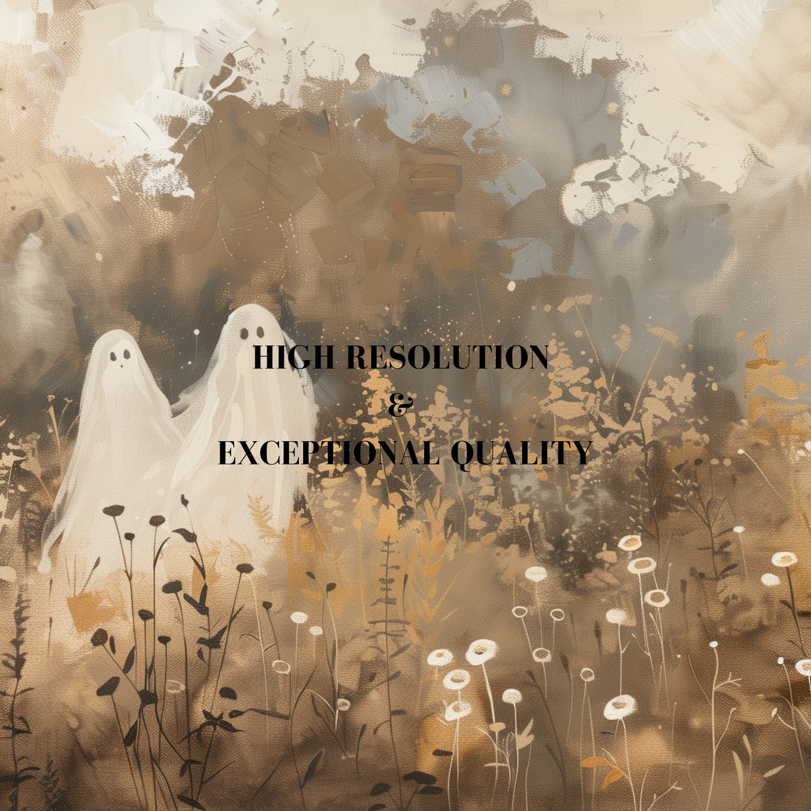 Two Cute Ghosts Autumn Meadow Wildflower Halloween Watercolor Poster - Image 4