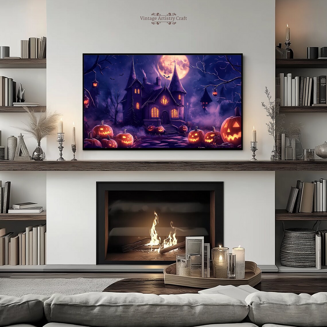 Haunted House Halloween Night Full Moon Pumpkins Spooky Painting Poster - Image 5