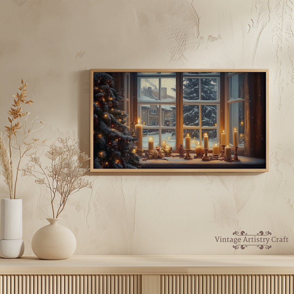 Christmas Candles and Snowy Tree Vintage Art Print - Image 4
